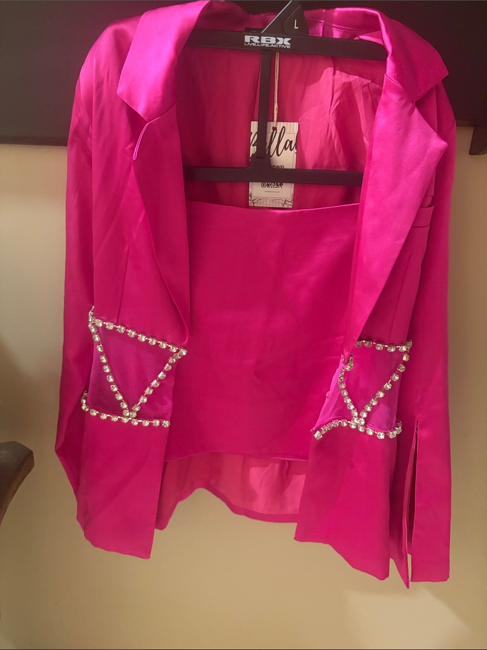 Women’s Fuchsia Embellished Blazer Jacket And SKIRT SET